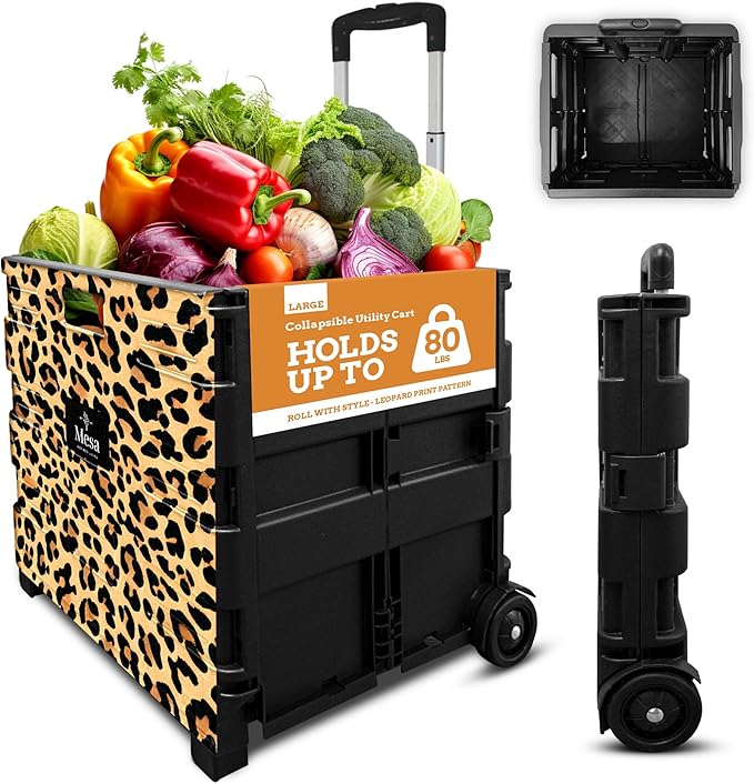 Ultra-Slim Rolling Collapsible Storage Pack-N-Roll Utility-carts, with Telescopic Handle, for Home, Garden, Shopping, Office, School use, Large, Leopard