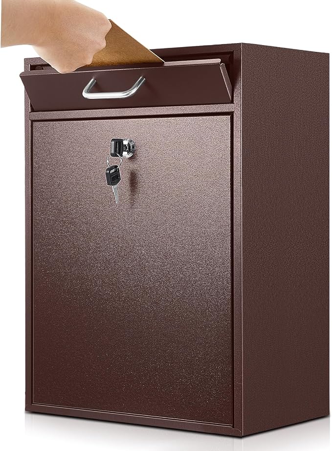 Yaocom Locking Mailbox with Key for Outdoor 18 x 15 x 7 Inches Large Wall Mount Mail Box with Lock Security Mail Drop Metal Collection Boxes Hanging Secure Postbox (Brown)