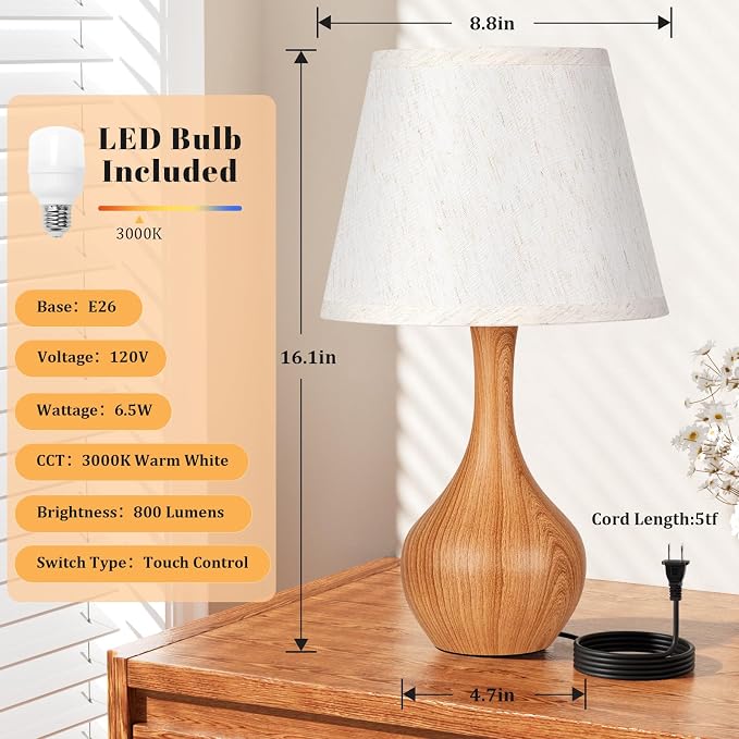 16.1" Touch Table Lamp for Nightstand, 3 Way Dimmable Small Bedroom Lamp | Touch Control, Bulb Included, Wood-paint Bedside Lamps for Desk, Night Stands, Living Room, End Table, Corded