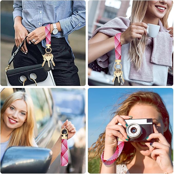 Fishent Stretchy Wristlet Keychain, Cute Key Chain, Woven Wrist Lanyard for Car Keys with 3 Keyrings and D-ring for Women Men