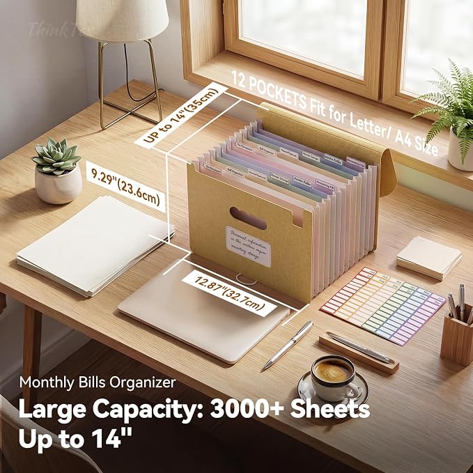 ThinkTex 12-Pocket Accordion File Organizer, Letter & A4 Size, 16 Colors | for Paper Receipts, Bills&Taxes Organizer, Portable Letter/A4 Size Document Holder for School, Office, Home