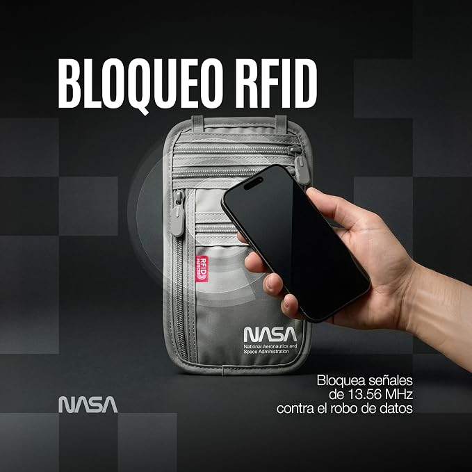 NASA Neck Wallet with RFID-Secured Passport Protection (Lunar Grey) | Slimline Design | Official NASA Insignia | RFID Protection | Key Carabiner | Water-Resistant | Breathable Mesh