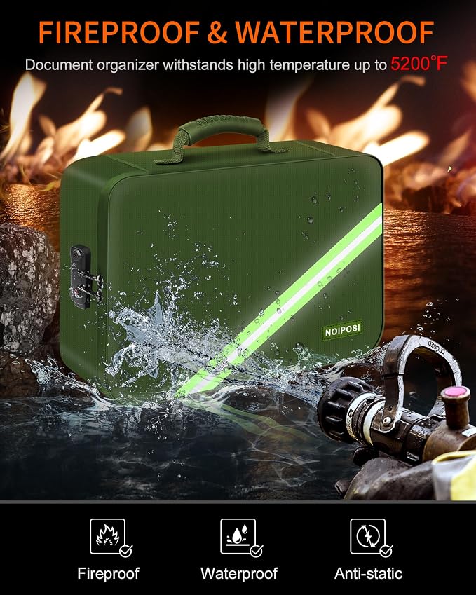 Fireproof Document Box with Lock 5200℉ Water Resistant | Portable ,Home ,Travel Strong Document Storage Organizer with 7 pockets for Important Documents and File ,Green