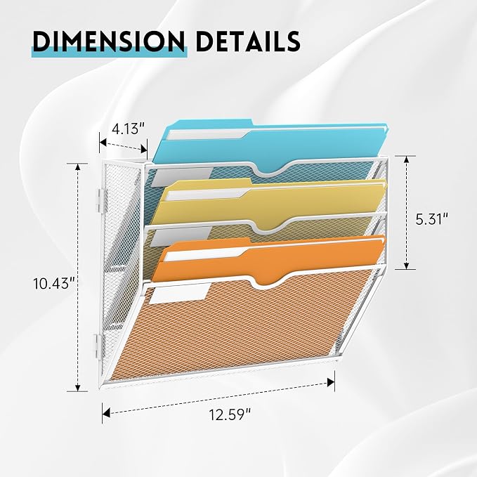 3-Tier Wall File Organizer, Hanging Wall Mounted Mail Organizer with Label Slots, Metal Mesh File Holder Magazine Rack for Office, Home, School or Classroom, White
