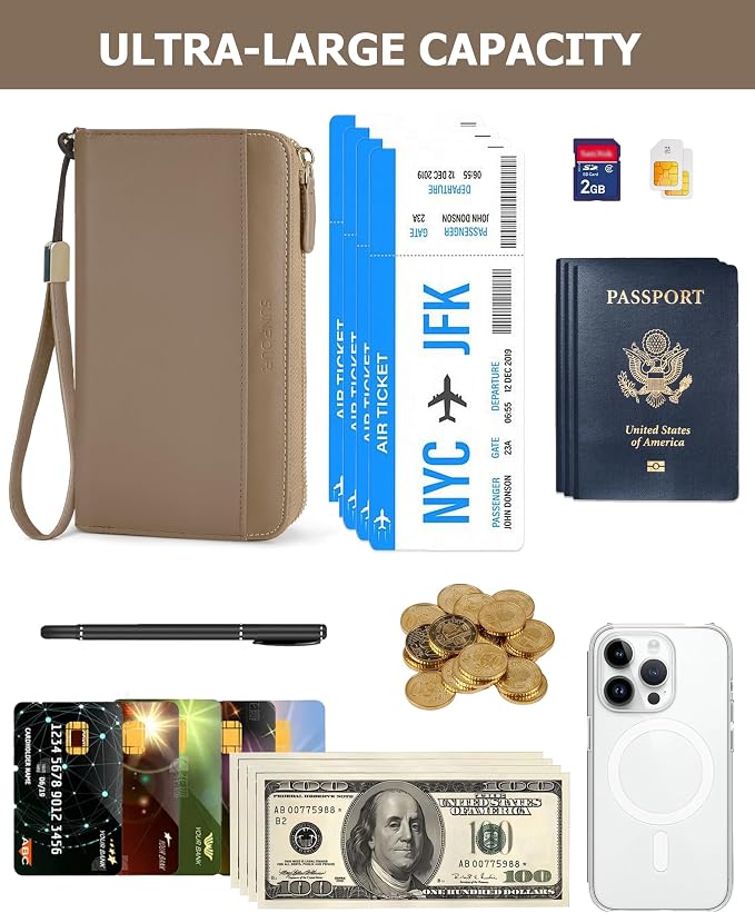 Large Travel Wallet for Women | RFID Blocking Zipper Wallet,Passport Holder Clutch with Wristlet