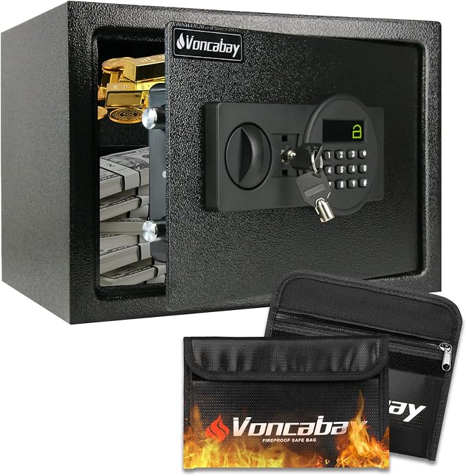 Voncabay Money Safe Box for Home with Sensor Light & Fireproof Money Bag - 0.8 Cubic Feet Security Safe Box with Digital Keypad, Keys & Pass Code Lock Black