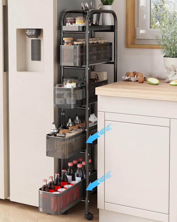 UMDONX 5-Tier Narrow Mobile Storage Cart with Pull-Out Baskets | The Multifunctional Pull-out Storage Rack Is Suitable for Bathrooms, Kitchens, and Laundry Rooms