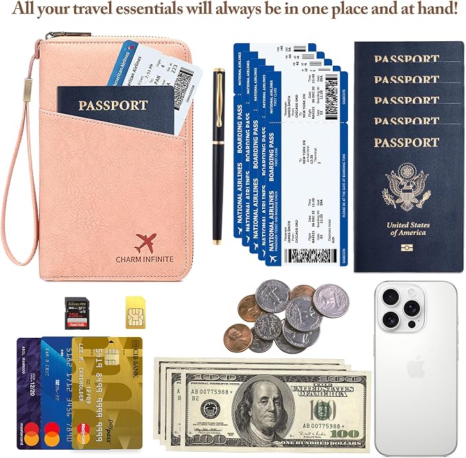 Family Passport Holder for Travel Women and Men RFID Blocking Passport Holder with Zipper Multi-functional Passport Wallet Passport Case Passport cover Travel Essentials