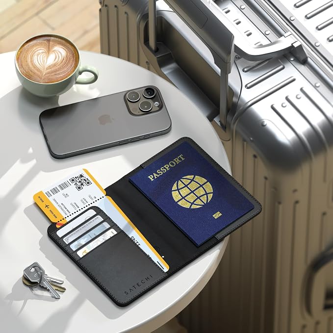 Satechi Passport Holder with Find My Tracking, 4-Slot Card Wallet, Black | 4-slot card wallet, wireless charging, RFID protection, vegan leather