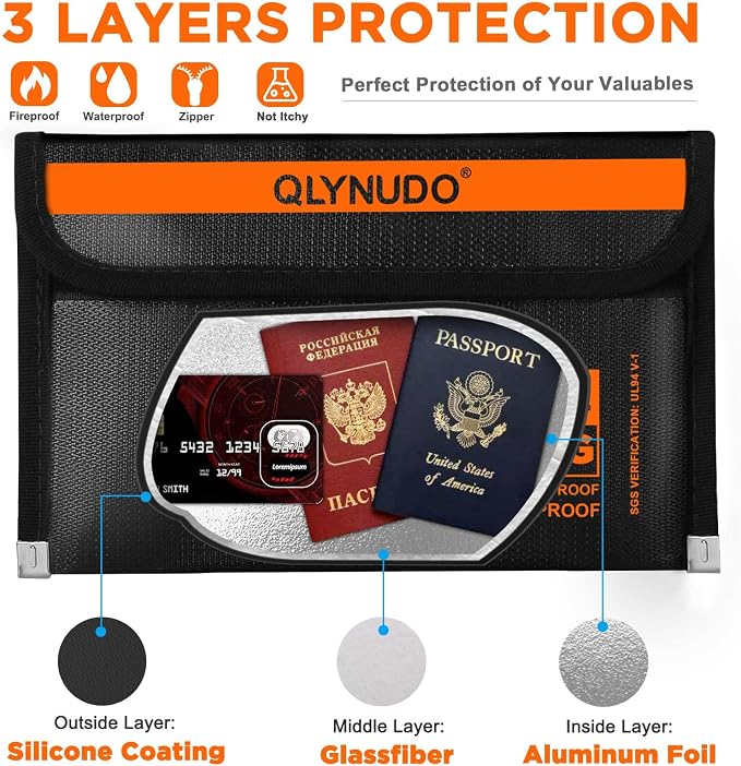Fire Proof Money Bag for Cash, Small Color-Coded 2-Pack | Fits Passports & IDs, Not A4/Letter, 2200°F Fireproof, Waterproof Zipper, Non-Itchy Silicone