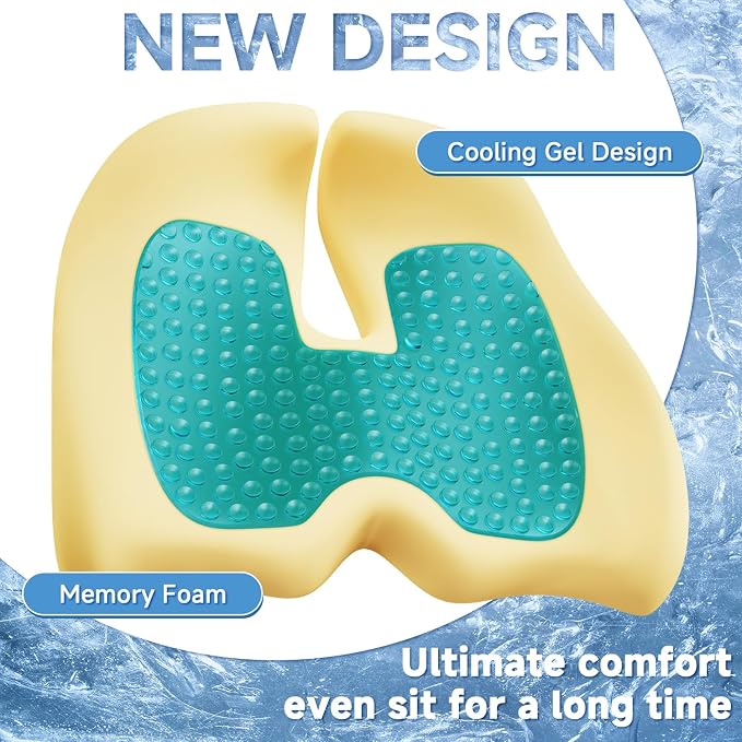 Benazcap Large Cooling Gel Memory Foam Seat Cushion for Long Sitting | Ergonomic cushion. Relieves sciatica, tailbone & lower back pain, great for office work, gaming and long-distance car travel.