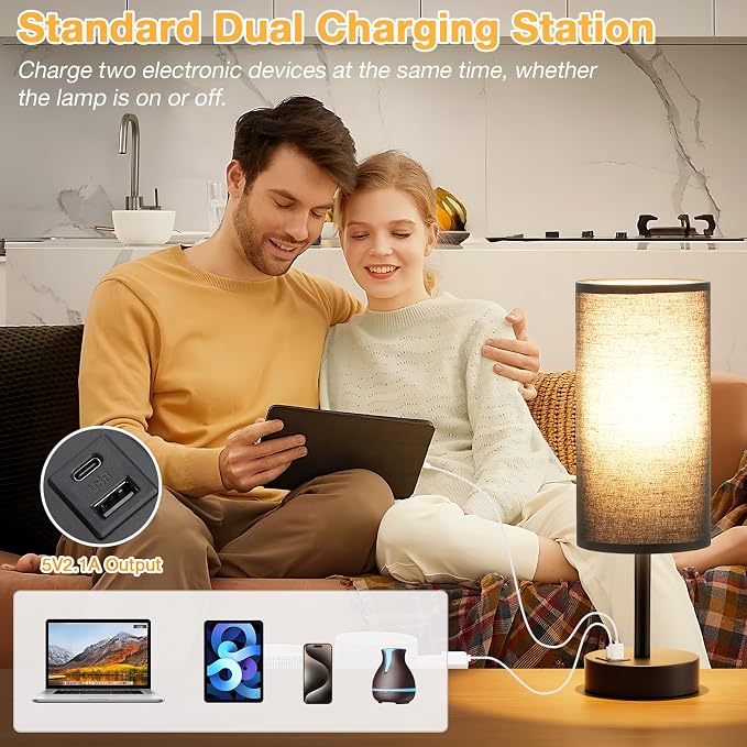 Dicoool Bedside Table Lamp for Bedroom - 3-Way Dimmable Touch Lamp, USB A+C | LED Bulb Included, 14" Small Nightstand Lamp for Desk, Living Room, Guest Room, Black Fabric Lampshade, Black Metal Base