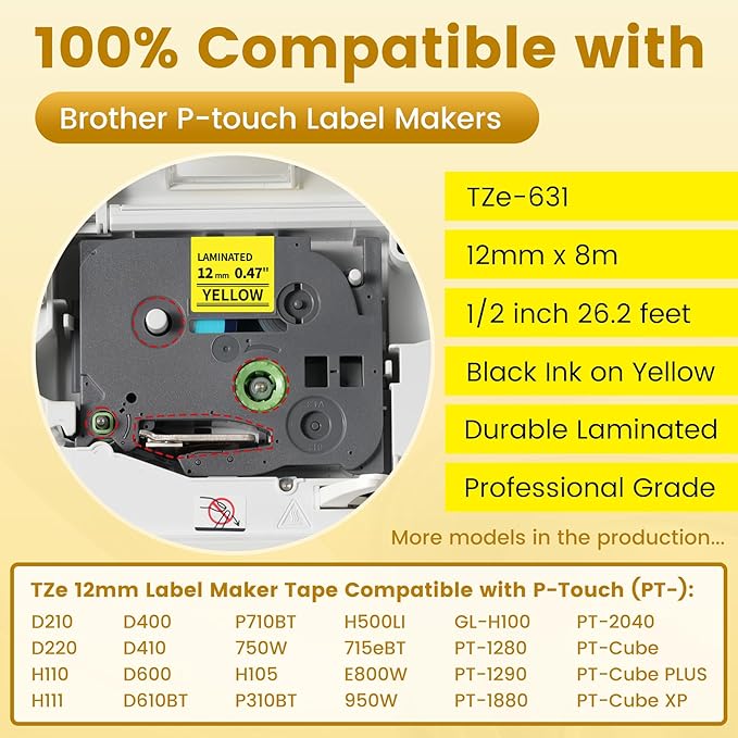 Freshworld 6-Pack TZe-631 Replace for Brother Label Maker Tape 12mm Yellow Laminated Compatible with Brother P-Touch Label Tape 1/2 inch Yellow Refill TZe631 for PTD210 D220 H110 H111 D410 610BT Cube
