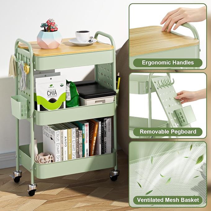 3 Tier Rolling Cart with Table top, Metal Utility Cart with DIY Pegboard | Sturdy Storage Organizer Cart with Locking Wheels,Hooks& Cups for Office, Classroom, Kitchen and Bathroom, Green