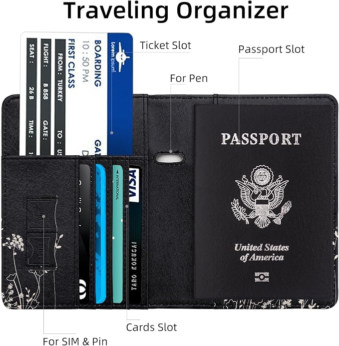 WALNEW Passport Holder for Travel, RFID Passport Wallet, Travel Essentials | PU Leather Passport Cover Case with Pen Holder, Travel Must Haves Accessories, Passport Book Holder for Women Men