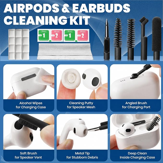 Upgrade Phone Cleaning Kit 47PCS, iPhone Cleaning Kit, Airbud AirPods Cleaning Kit, Keyboard, Charging Port Cleaner for Apple Lightning/Android USB-C - Includes Putty, Cloth & Wipes (Black)