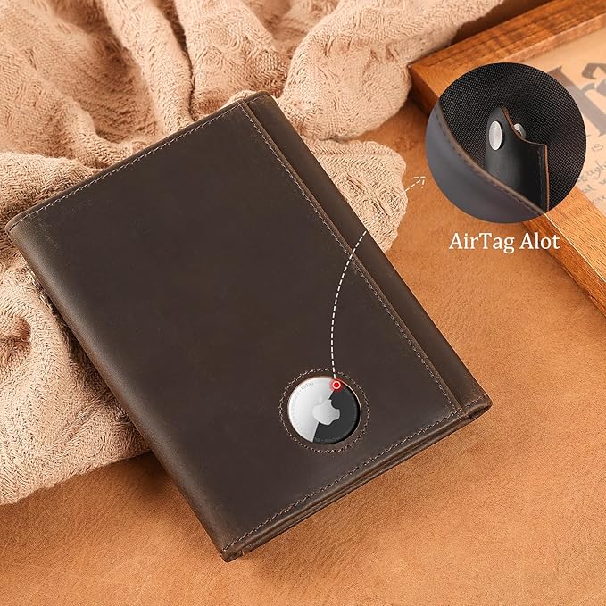 Polare Full Grain Leather Pilot Wallet Passport Holder RFID Blocking Tri-fold Travel Cover Document Organizer for Aviation Professionals (Dark Brown with AirTag Slot)