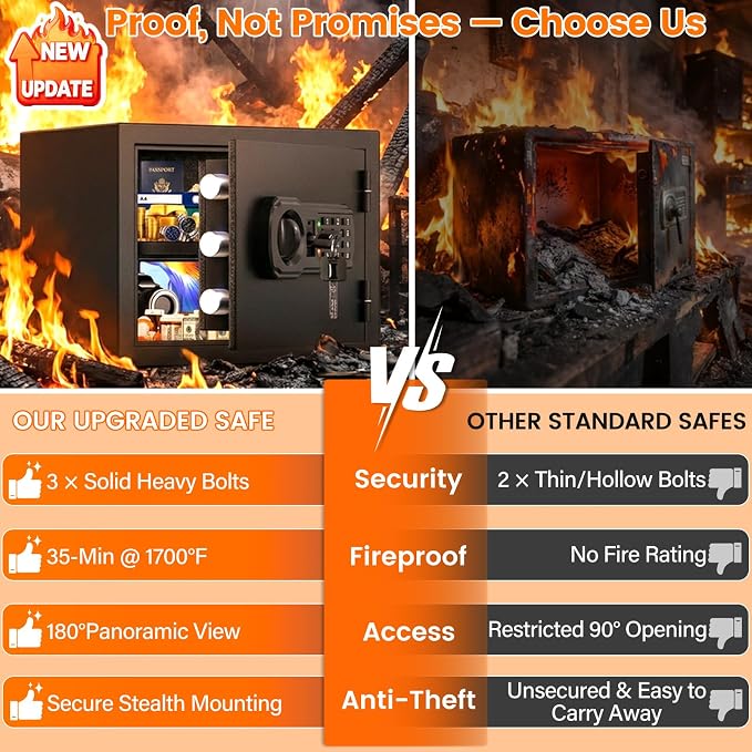 Small Fireproof Safe Box | 1550℉ 35-Min Real Test Fire Safe | 1.2 Cuft Safe | 22Lbs Heavy Fire Money Safe | 3 Quick Access Unlock & Removable Shelf | Anti-Theft Alarm & Wall Mount | for Home Office Cash