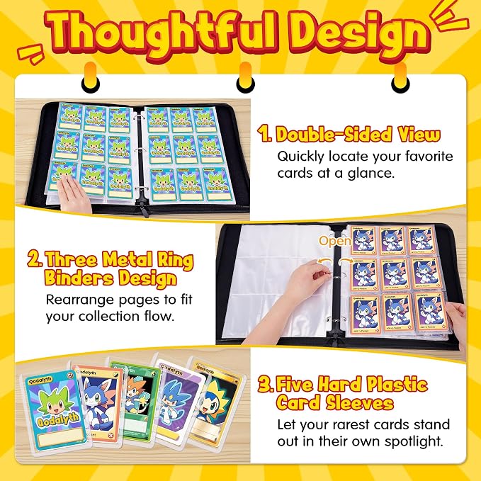 Card Binder – 9 Pocket Zipper Collection Album, Premium PU Holder, Double-Sided Display for 900 Cards, Includes 5 Hard Plastic Sleeves for Game Cards, Sports Cards（Lightning）