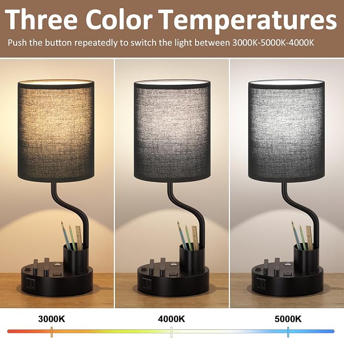 Bedside Lamps for Bedroom Set of 2 - Table Desk Lamp for Nightstand | 15" Table Lamp for Living Room with Pen Holder & Phone Stand, USB A+C Port, AC Outlet, 3 Color Temperature, LED Bulb Included