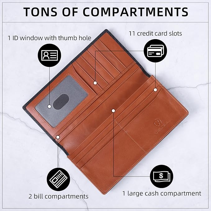 VISOUL Leather Checkbook Cover Wallet for Men with RFID Blocking, Mens Long Bifold Cash Tall Wallet with 11 Credit Card Slots 1 ID Window (Black+Orange)