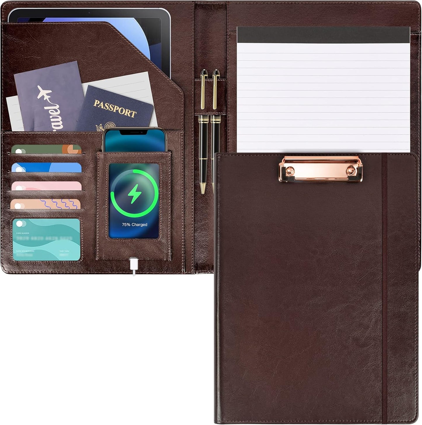 Leather Portfolios for Men Clip Boards 8.5x11 with Storage Dark Brown Leather Binder Folders