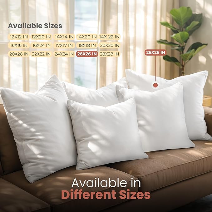 Utopia Bedding 26x26 Pillow Inserts, White Throw Pillows for Couch, 2 Pack | Indoor cushion inserts for bed, sofa & couch, Supportive & fluffy decorative pillows for everyday comfort, Set of 2, White