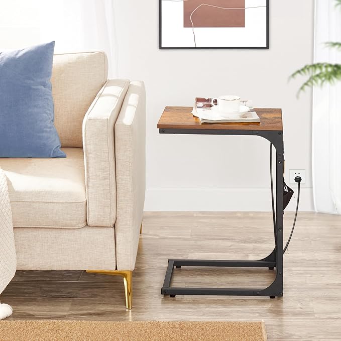 TUTOTAK C Shaped End Table with Charging Station, Side Table for Sofa | Couch Table with Storage Bag, TV Tray with 2 USB Ports and Outlets, Set of 2, Living Room and Bedroom, Brown TB01BB0242