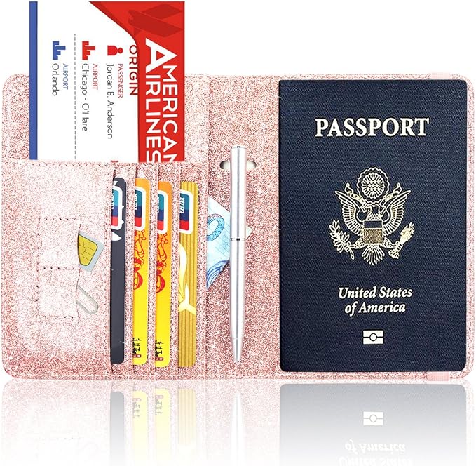 ACdream Passport Holder Cover, Leather Travel Wallet Case, RFID Blocking Document Organizer Protecrtor, with Slots for Credit Cards, Boarding Pass, for Women and Men, Glitter Rose Gold
