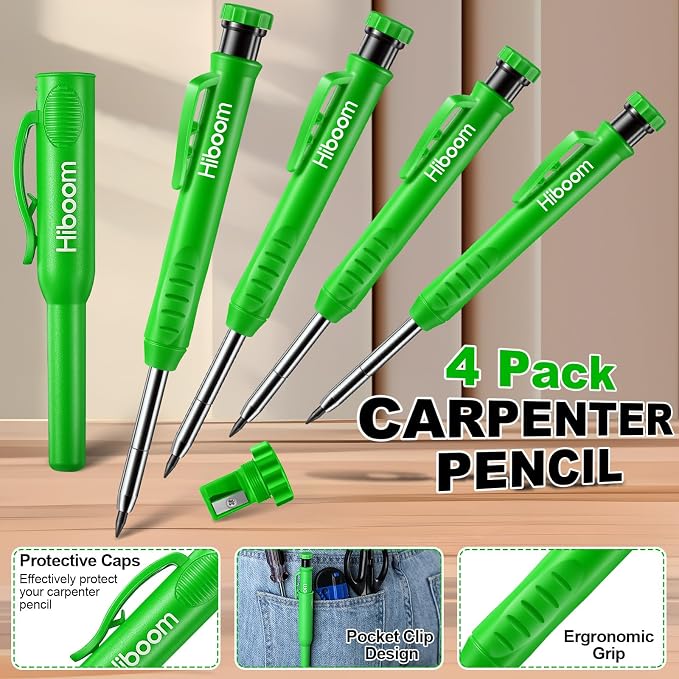 Hiboom 4 Pack Carpenter Pencil with 36 Refills Built In Sharpener (Green) | Concrete Wood Metal, Deep Marking, Multi-Color Refills, 2.8mm Lead, Construction Work, Waterproof, Carpenter Builder DIY