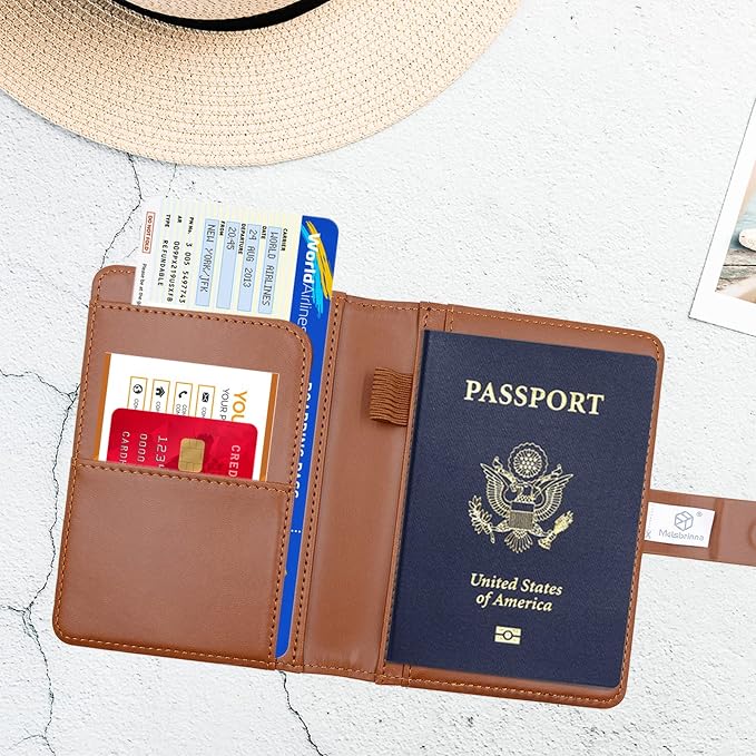 Melsbrinna Premium Leather Passport Holder Covers Case, Waterproof Rfid Blocking Travel Wallet Passport Holder with Pen Holder, Cute Passport Book for Women/Men