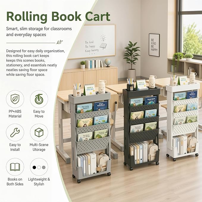 BYFU 5-Tier Rolling Bookshelf Cart, 30.7" H, Black | Movable with Wheels, File Paper Storage Organizer, For Home Office Study Classroom