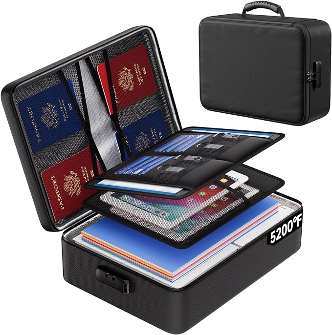 ENGPOW 5200°F Fireproof Document Bag with Lock, Upgraded Heat Insulated Fireproof Box 8 Layers File Organizer, Portable Home Travel Safe Storage for Important Documents,Passports,Laptop, Black(Soft)