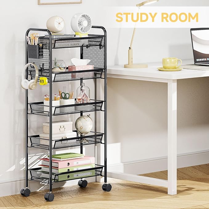 KINGRACK 5 Tier Rolling Cart, Metal Utility Storage Cart with Pegboard | Screwless Assembly, Lockable Wheels, 4 Hooks & 1 Bin, Mobile Organizer for Bathroom Kitchen Office Craft Room Laundry, Black
