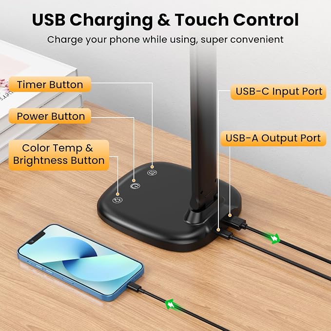 Desk Lamp with Charger, 10%-100% Stepless Dimmable & 5 Color Modes Study Lamp, Touch Control, 30-/60-minute Timer, USB Charging Output Port, CRI≥90, Eye-Caring Foldable LED Desk Lamps for Home Office