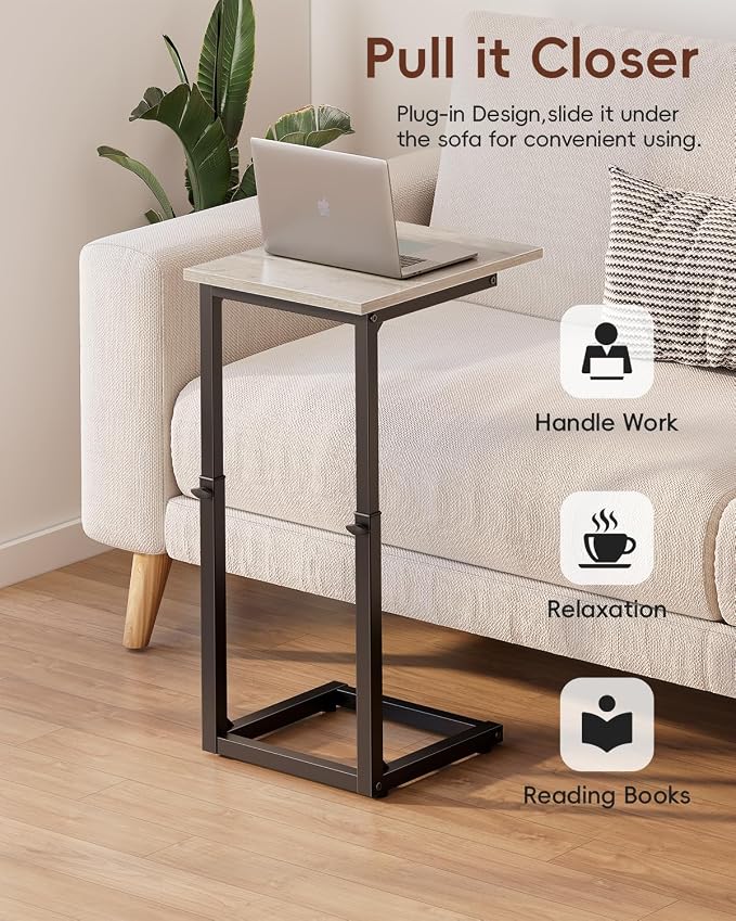 C-Shaped End Table, 33" Tall C Table Adjustable Height Side Table, Small Couch Table with Metal Frame, Slide Under Sofa TV Tray for Living Room, Bedroom, Bedside, Small Spaces, Gray