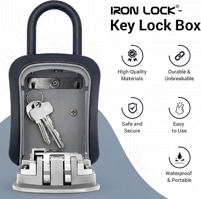 Iron Lock® Medium Key Lock Box with Code, U-Shackle Opens Fully Out (Grey) | Built-in key hooks + catch tray; hangs on handles, gates, fences or a hasp; wall-mountable; dial cover; no batteries