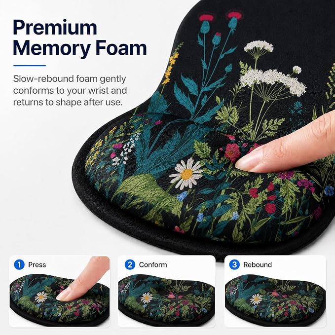 Mouse Pad with Wrist Rest Ergonomic Memory Foam Support, Non-Slip Rubber Base, Comfortable Typing Cushion for Home Office Computer Laptop, Flowers Grass