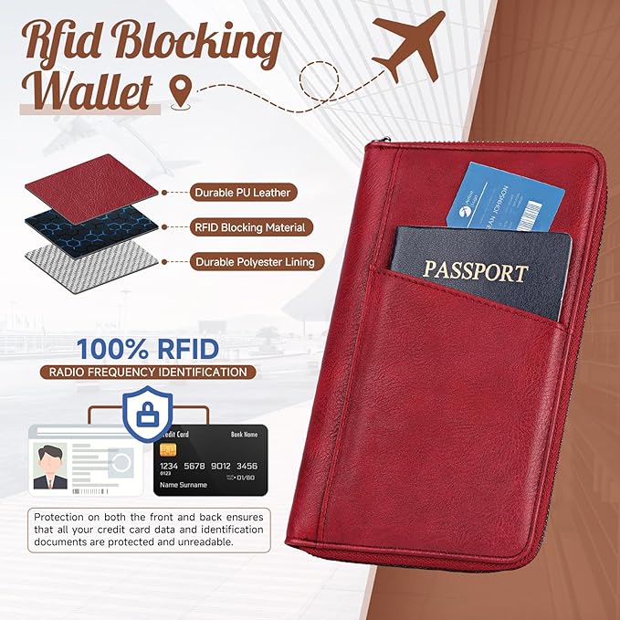 Likesing Family Passport Holder for 5, RFID Multiple Passport Holder(Black) | Leather RFID Blocking Travel Passport Wallet with Zipper, Travel Document Organizer with Wrist Strap Card Slots for Women Men