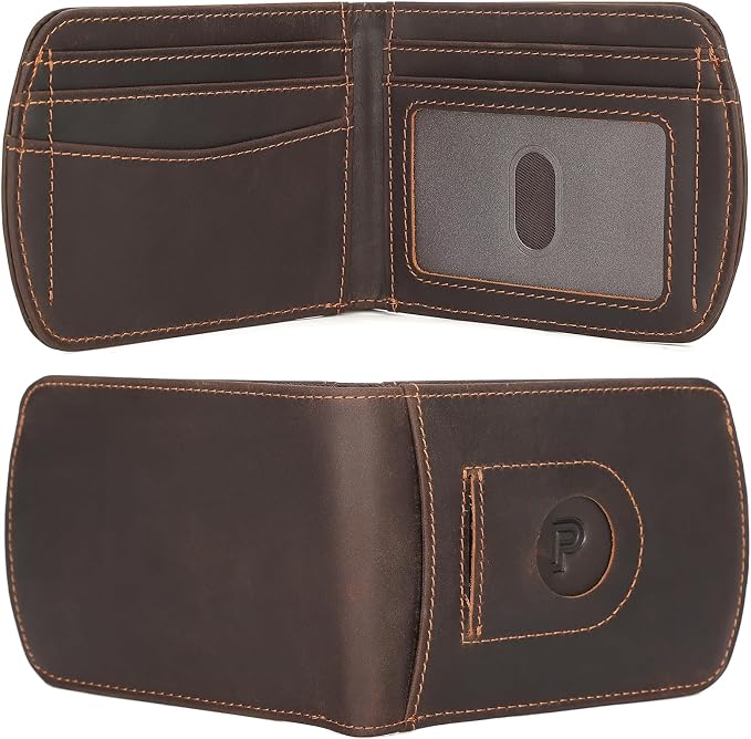 Polare Slim Curve Front Pocket RFID Blocking Italian Real Leather Bifold Wallet for Men (Dark Brown with AirTag Holder)