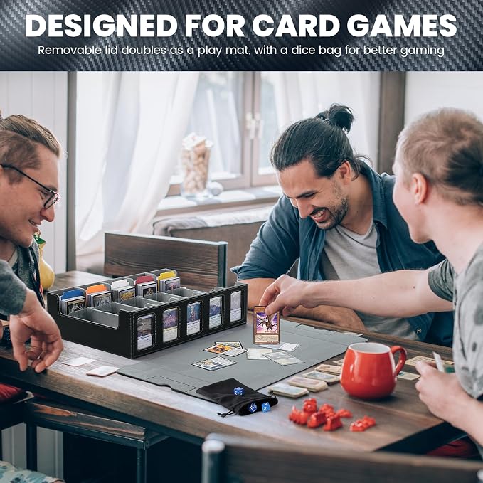 Trading Card Storage Box with Handle, 5-Row Portable Leather Game Case for 4000+ Cards,Grey Card Collection Box with Commander Display Window for MTG, Yugioh, and Sports Cards Gifts for Card Collector