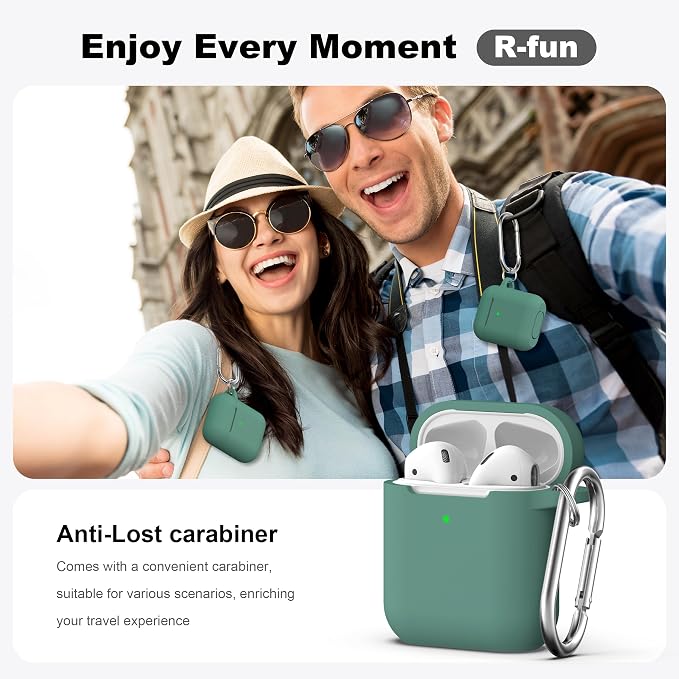 R-fun for AirPods 1/2 Case, Soft Silicone Protective Cover with Keychain and Cleaning Pen, Compatible with AirPods 2nd/1st Generation (2016/2019), Full Drop Protection Cover, Pine Green