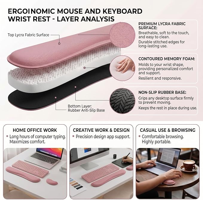 Wrist Rest for Computer Keyboard, Keyboard+Mouse Wrist Support | 2 Piece Memory Foam Keyboard Wrist Rest, Ergonomic Design Wrist Support for Hand and Arm Easy Typing Pain Relief, Dusty Pink