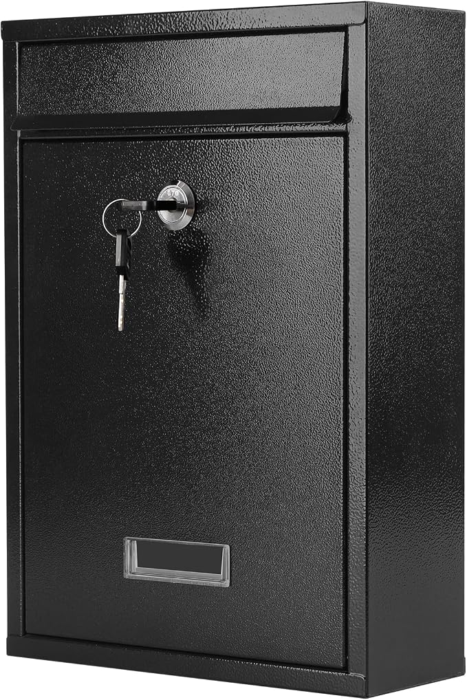 KYODOLED Mailbox for Outside, Wall Mount Locking Mailbox, Security Drop Box with Key Lock for Letters, Cash, Cards, Steel Mail Box for House Office School, 12.4H x 8.54L x 3.35W Inches, Black