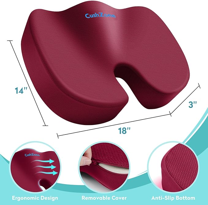 Office Chair Seat Cushion, Cooling Gel Enhanced Memory Foam Cushion for Long Sitting - Back, Sciatica, Coccyx, Tailbone Pain Relief Pillow - for Office, Gaming, Car, Wheelchair - Red, Large