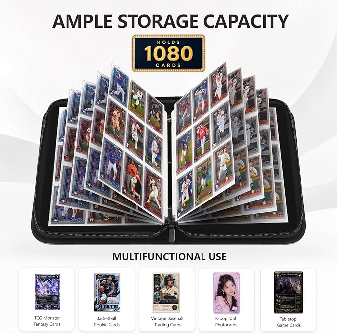 9 Pocket Trading Card Zip Binder - Holds 1080 Cards, 60 Pages Large-Capacity,Double-Sided Removable Sleeves, Suitable for Game Cards/Sports Cards Storage,Light Blue