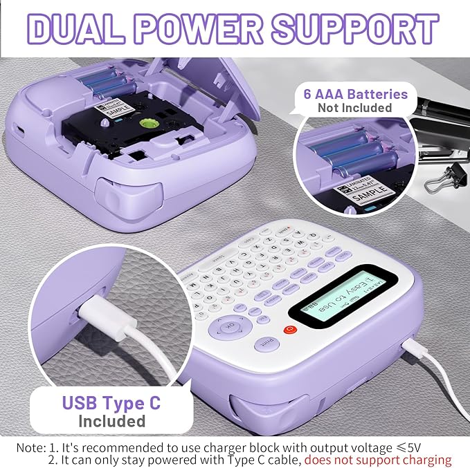 Label Maker Machine with-Tape Waterproof, Purple Portable Label Maker for Teachers Kids Classroom Use, Desktop Labeler with Multiple Symbols &Fonts for Home Office School Use, D210S