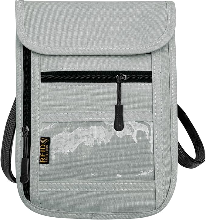 RFID Blocking Travel Neck Wallet Pouch and Passport Holder, Travel Neck Pouch Passport Holder for Women & Men - Gray