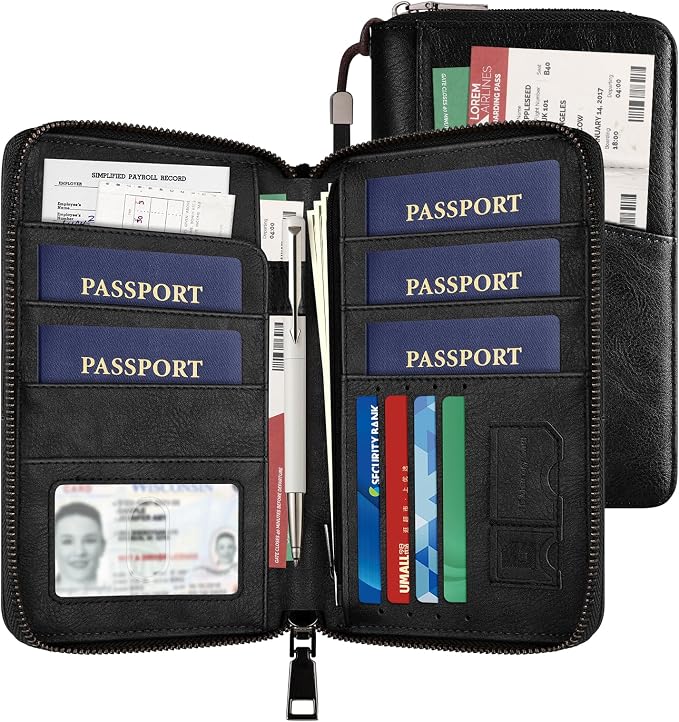 Likesing Family Passport Holder for 5, RFID Multiple Passport Holder(Black) | Leather RFID Blocking Travel Passport Wallet with Zipper, Travel Document Organizer with Wrist Strap Card Slots for Women Men