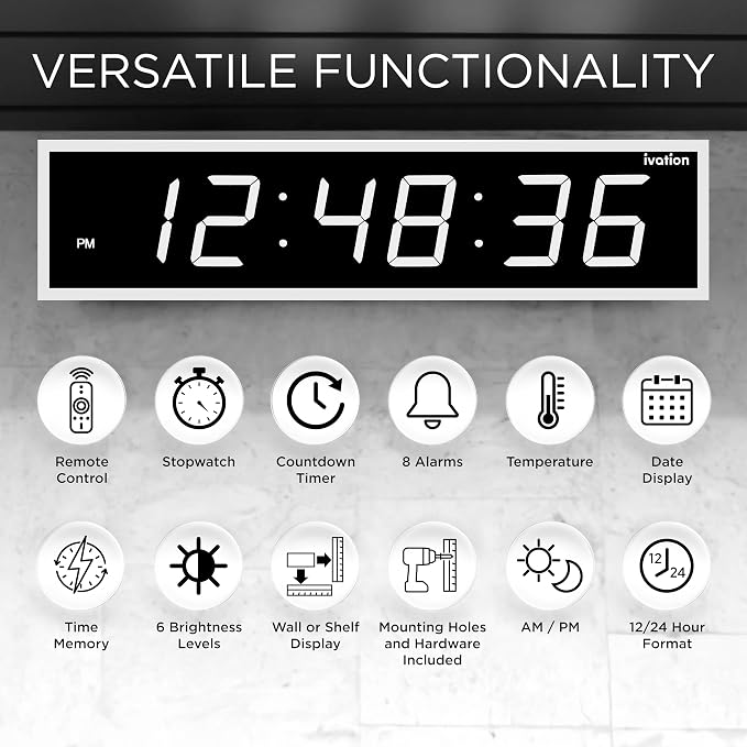 Ivation Oversized 24" Large Digital LED Clock | Big Digital Clock w/Multi-Function Display – Stopwatch, Timer, Alarms, Temp & Date | 6 Brightness Levels, Time Memory & Remote (White)